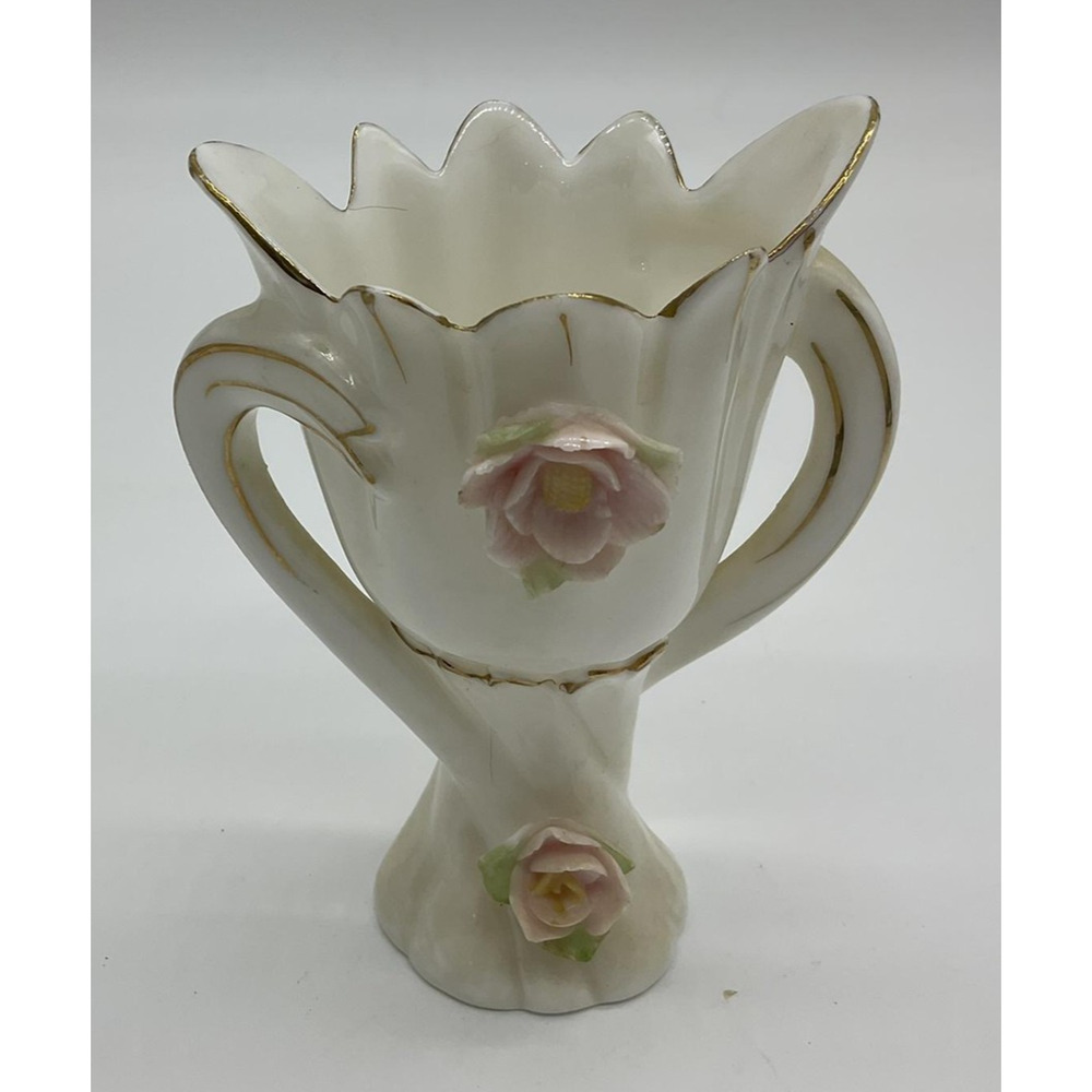 Vintage White Porcelain Bud Vase Pink Rose Flowers Double Handles Japan Decor